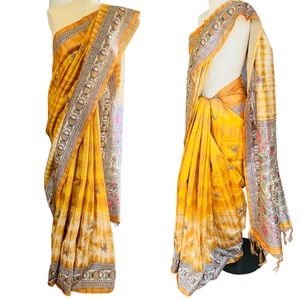 NEW INDIAN TASAR SILK MITHILA PAINTING PRINTED SAREE ONE SIZE